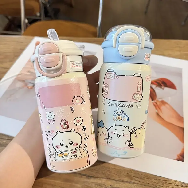 Insulated Water Bottle Straw Chiikawa Usagi Hachiware Momonga 304 Stainless Steel Dual Drink Cute Kawaii Anime Women Girl