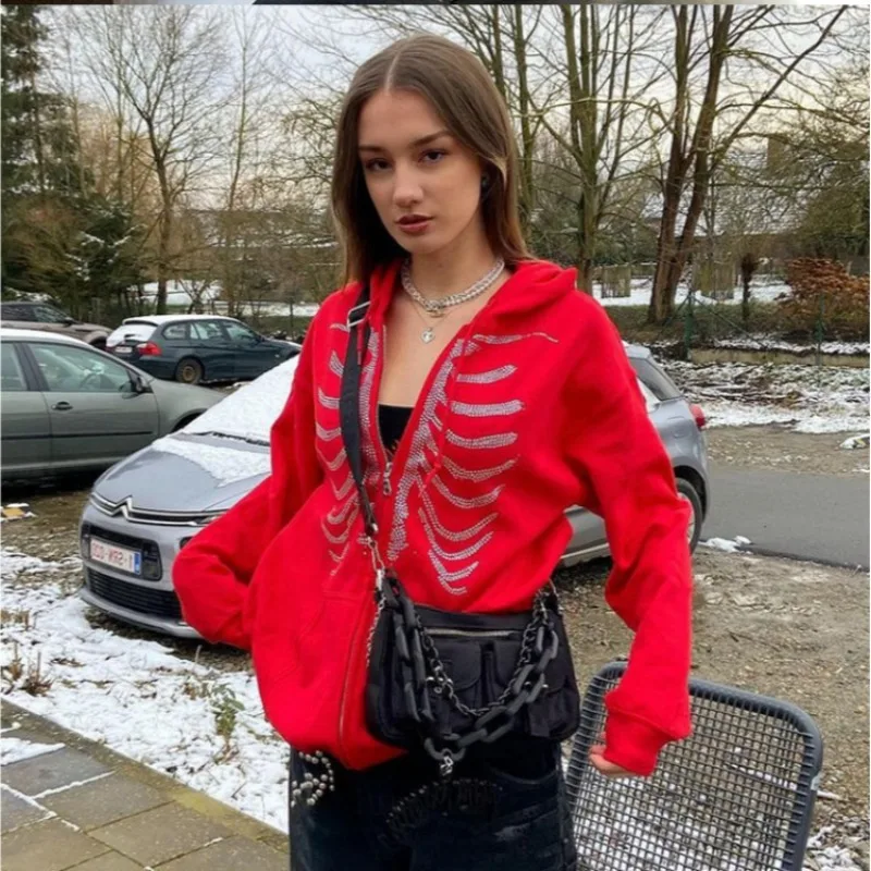 Sudadera Y2K con Capucha y Calavera de Cristal para Mujer, Negra, Gótica, Oversize, Cremallera, Retro Harajuku, Streetwear 4
