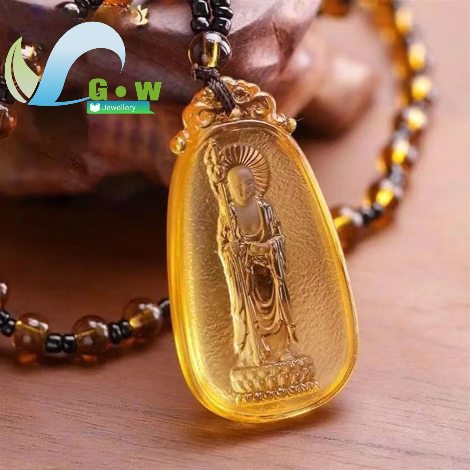 Ancient Method Glass Oval Pendant Necklace Lace Edge Frame Ksitigarbha Bodhisattva Charm Clear Resin Coating Unisex Meditation