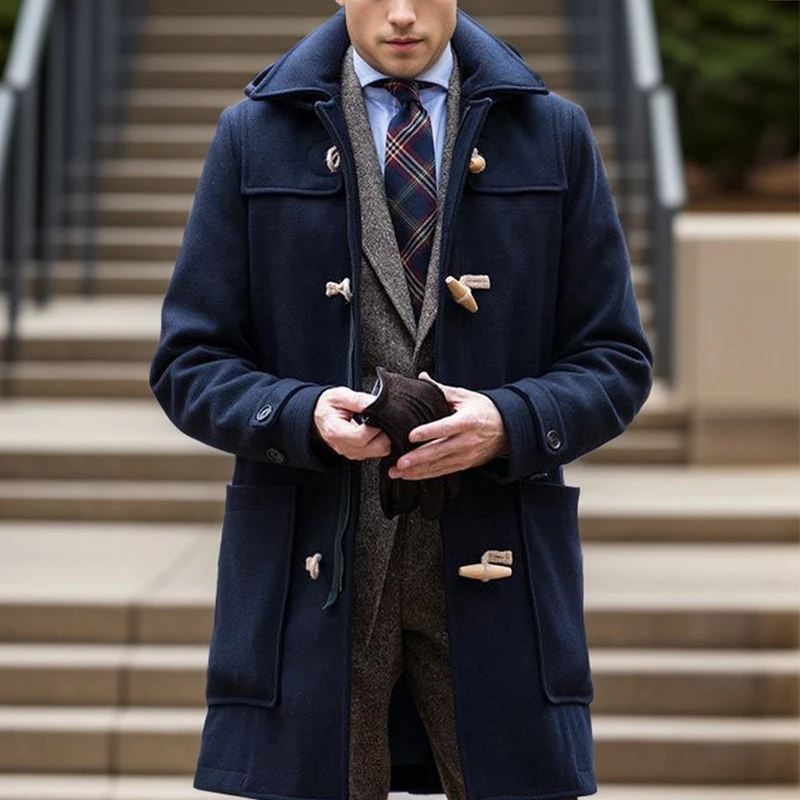 Vintage Buttoned Lapel Long Coats Mens Fall Winter Fashion Trench Windbreaker Solid Color Long Sleeve Men Overcoats Streetwear