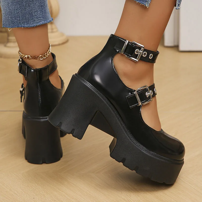 Chunky Platform Punk Gothic Shoes Women Ankle Buckle Super High Heels Pumps Woman 2024 Pu Leather Square Heel Mary Jane Shoes