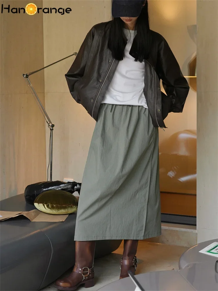 HanOrange 2024 Street Casual High Waist Half Skirt Loose Elastic Waist H-shaped Midi Skirt Grey Green/Gray Black