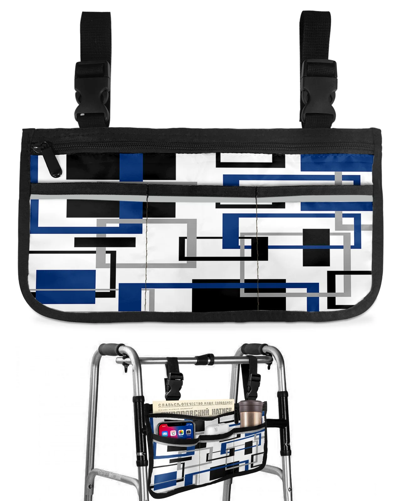 Abstract Geometry Square Modern Art Black Blue Wheelchair Bag Armrest  Side Bags Electric Scooter Walking Frame Storage Pouch