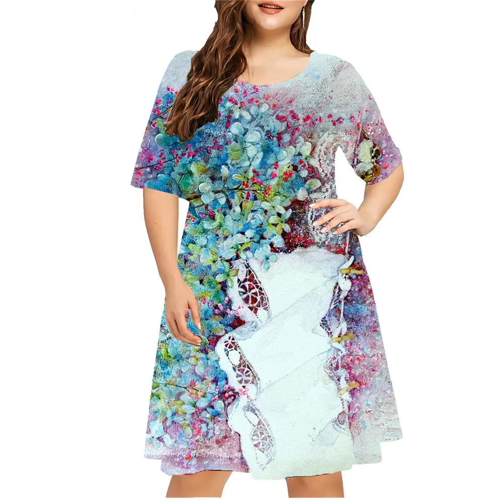 2024 Zomer Retro Jurk Vrouwen Tie Dye Gradiënt 3d Print Jurk Losse Plus Size Vrouwen Kleding Casual Korte Mouw A-Lijn Jurken