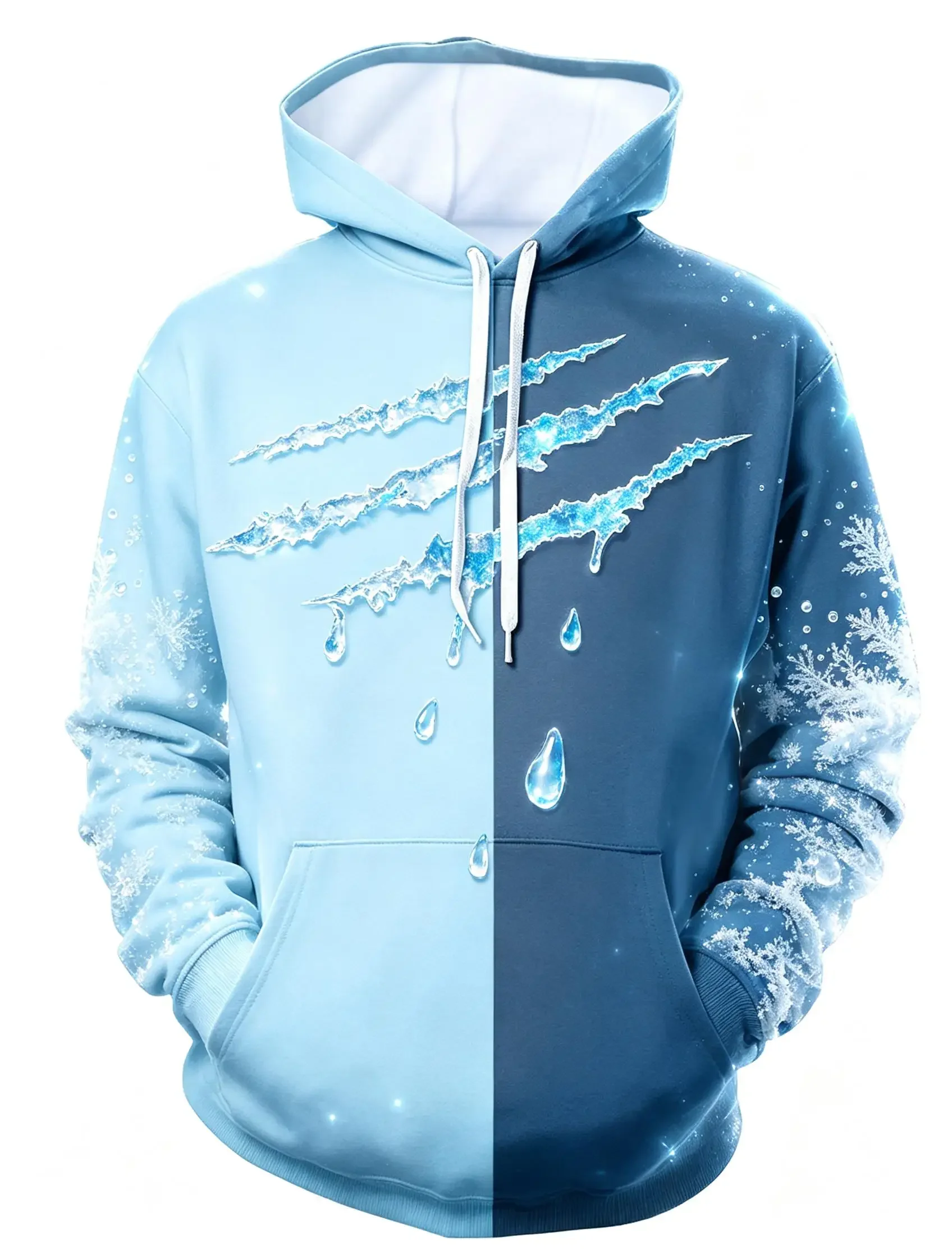 Men's Warning Claw Scratch Split‑Color Full Print Hoodie Halloween Gothic Long Sleeve Hooded Sweatshirt For Street Style