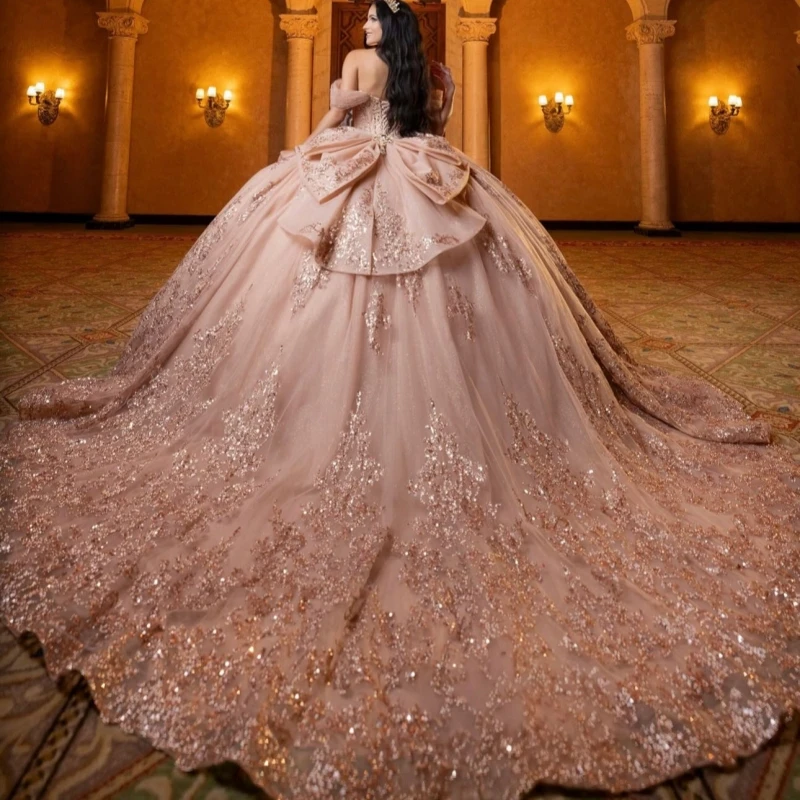 

Pink Quinceanera Dresses Off The Shoulder Sequin Applique Lace Beading Crystal Bow Corset Party Birthday Sweet 16 Dress Vestidos