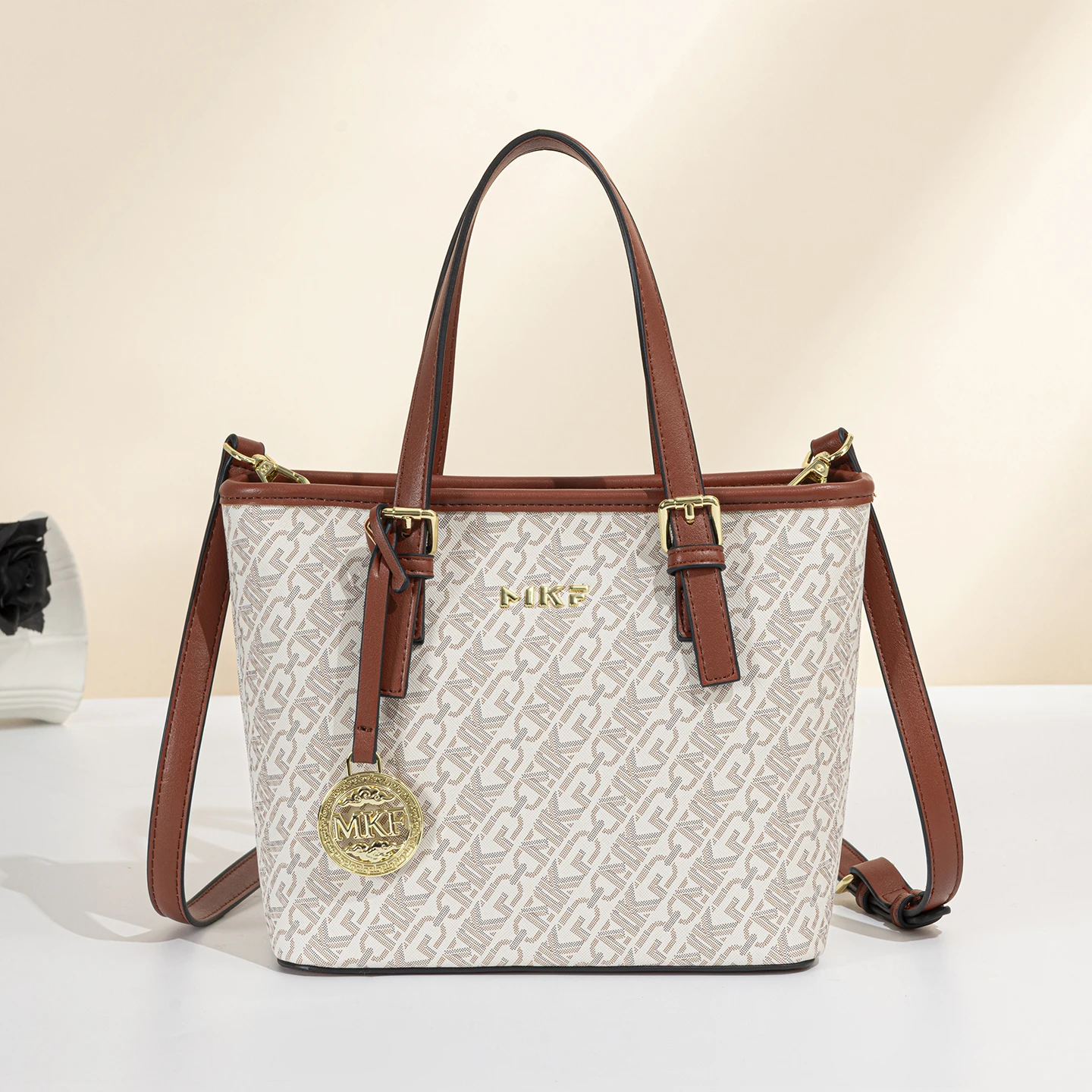 Tote Bag Leather Monogram - 女性用小型トートバッグ、MKF総柄モノグラムプリントミニハンドバッグ、メタルチャームコントラストトリム付き財布、取り外し可能なクロスボディストラップ付き、ヴィンテージデイリーショルダーバッグ