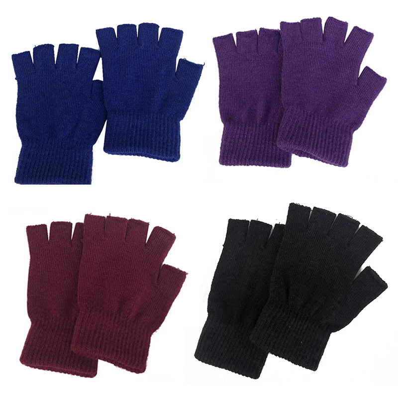 Unisex Black Purple Red Half Finger Fingerless Work Gloves for Women and Men Wool Knit Wrist Cotton Gloves Winter Warm Gloves