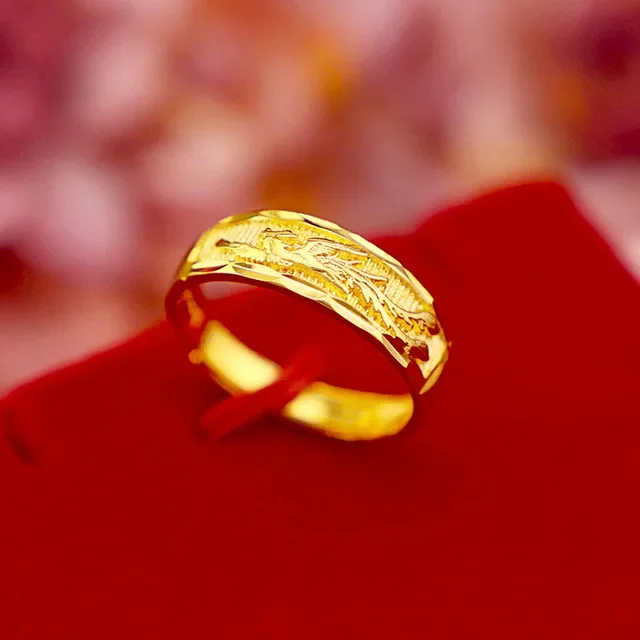 K Gold color Opening Rings for Love Couple Wedding Engagement Dragon Phoenix Pure Gold Ring Match Couple Jewelry Gifts