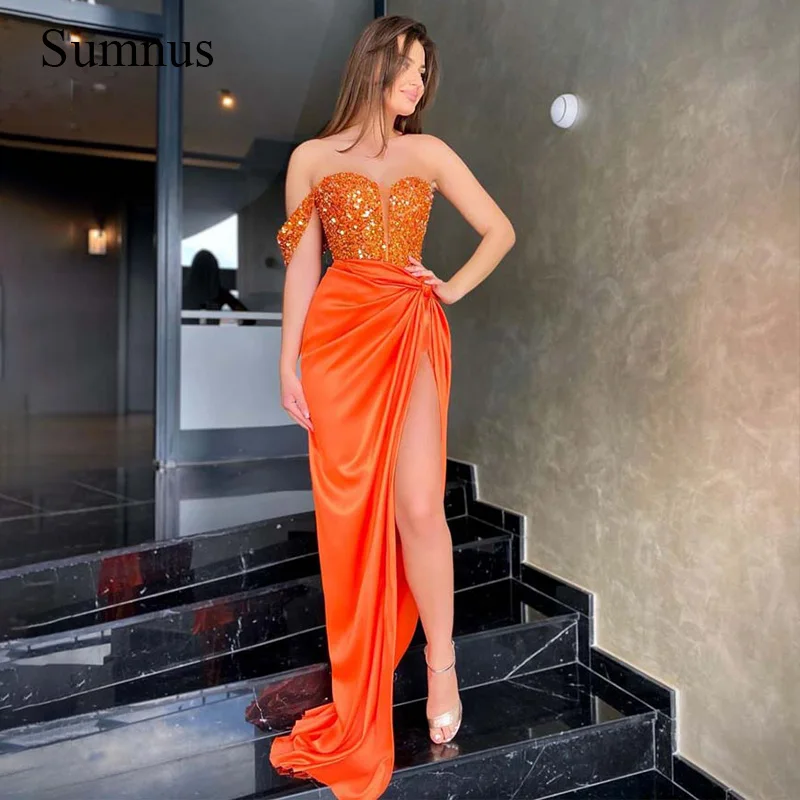 

Sumnus Orange One Shoulder Mermaid Party Dresses 2023 Sequins Sweetheart Sexy High Split Shinny Evening Prom Gowns Floor Length