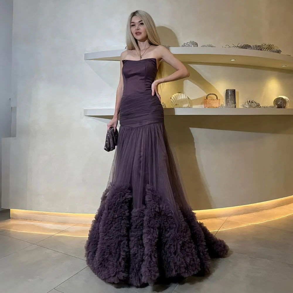 

Customized Modern Style Elegant Tulle Ruched Pleat Mermaid Strapless Long Dresses Bespoke Occasion Dresses High Quality Matching