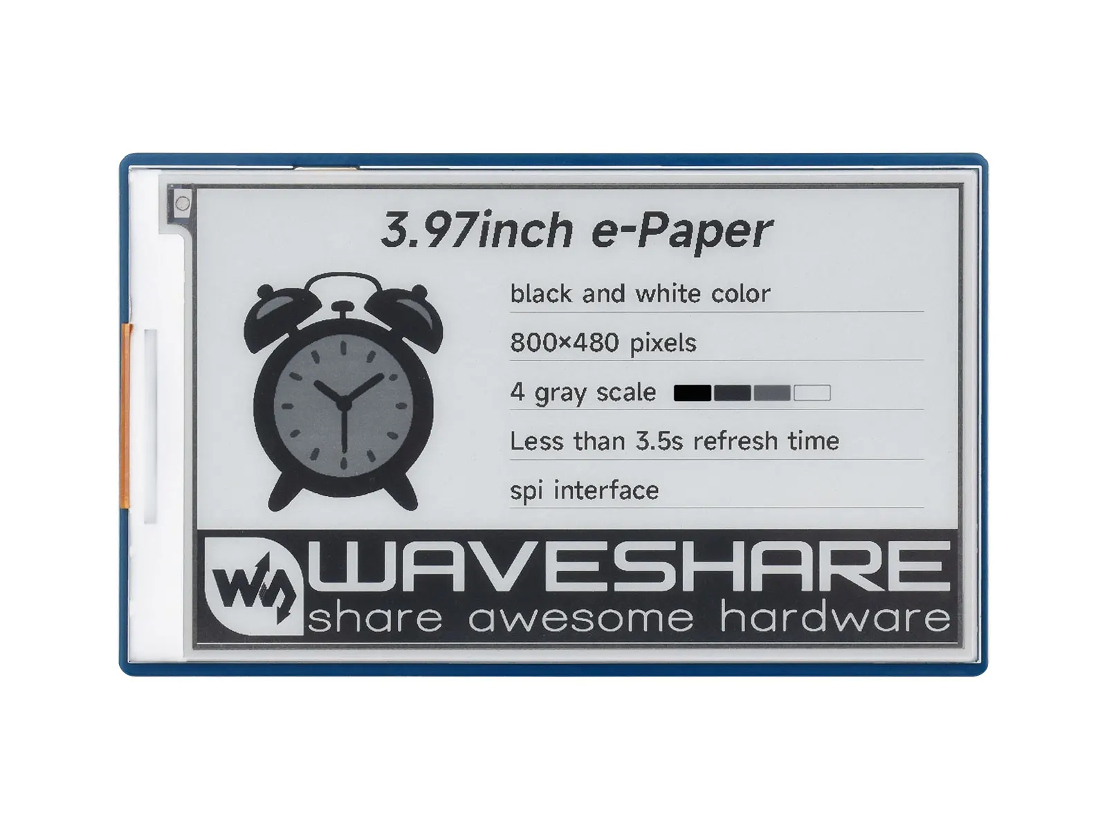 

3.97inch E-Paper Display, E-Ink Display, 800 × 480 Pixels, Black/White, 4 Grey Scales, SPI Interface,Paper-Like Effect