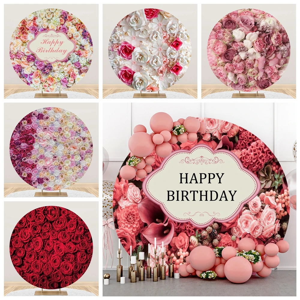 Valentine\'s Day Flowers Round Backdrop Cover Mother\'s Day Pink Rose Floral Wall Bridal Shower Wedding Birthday Party Background