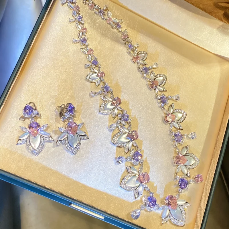 Bellux White Shell Three Leaf Petal Necklace Earring Set Purple Pink Fashion Exquisite Luxury 925 Silver Jewelry