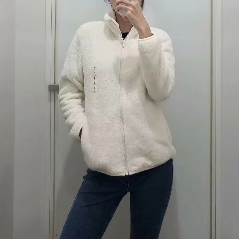 

Осенние и зимние куртки для женщин из Европы и Америки, флисовая молния, свободный воротник-стойка, длинные рукава, длинные скобы, сохраняют тепло