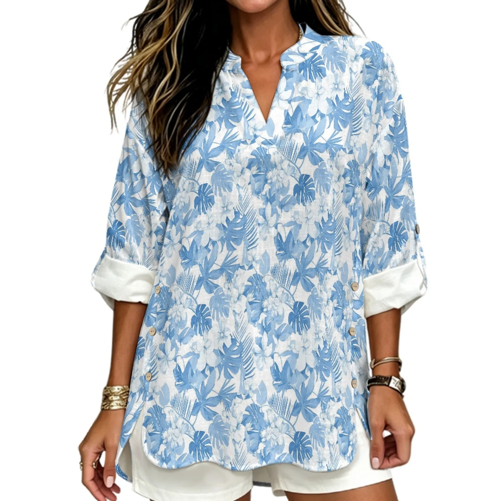 PENSTROLL Blue Tropical Leaf Print Linen Like Tunic Blouse Open Front Rolled Cuff Blouses for Women Sizes S-5XL