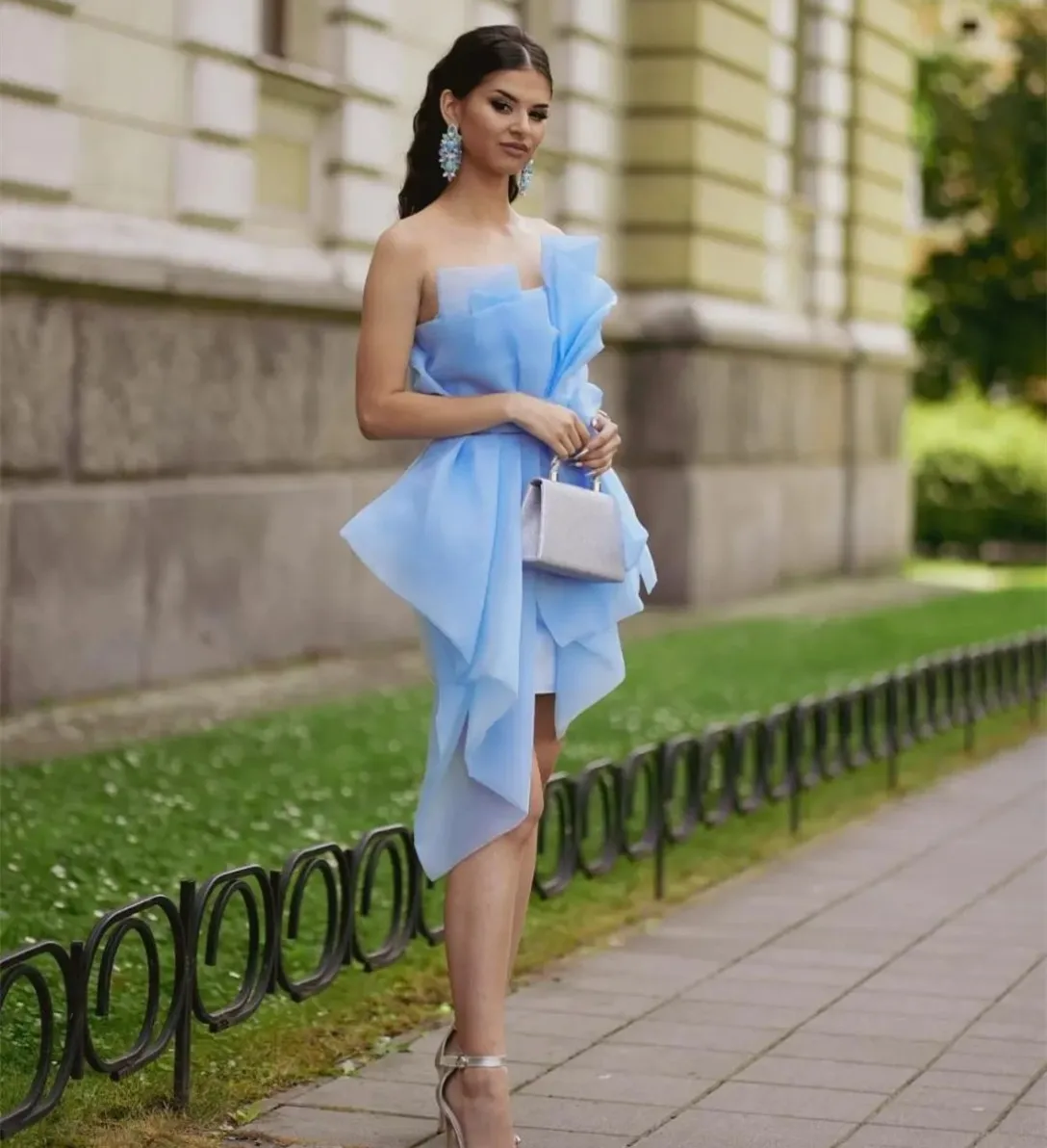 

Elegant Short Light Blue Satin Evening Dresses With Organza Sheath Scalloped Mini Length Prom Wedding Guest Dress for Women
