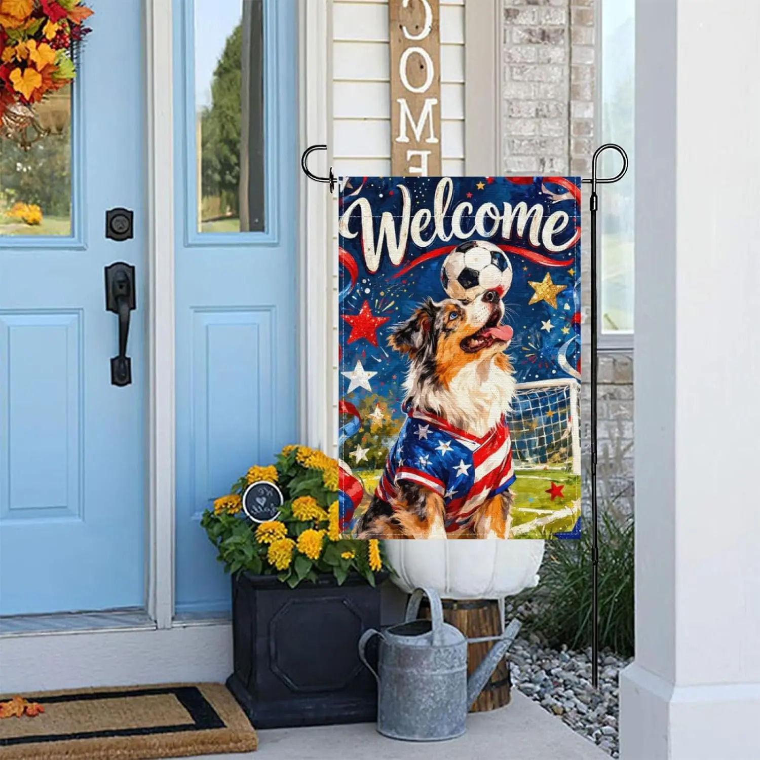 Welcome Funny Australian Shepherd Dog Garden Flag 12x18Inch,Boho American Red White Blue Outdoor Yard Decor,Soccer Animal Fe IIC