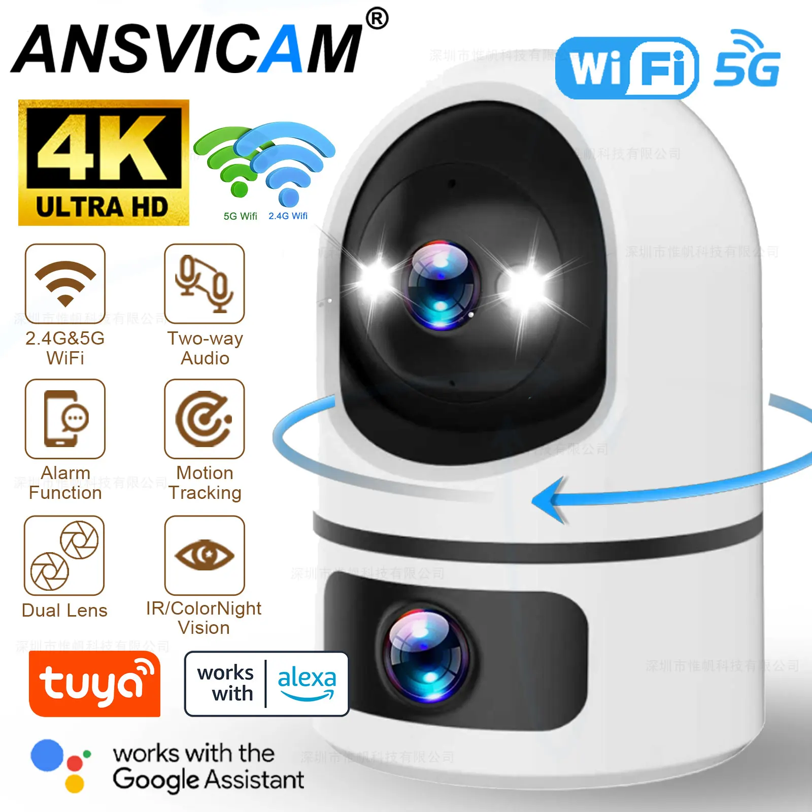 

4K 8 МП 5G Wi-Fi камера Tuya с двумя объективами и двумя экранами, внутренняя камера-видеоняня, умная поворотная PTZ-камера для видеонаблюдения, поддержка Alexa и Google