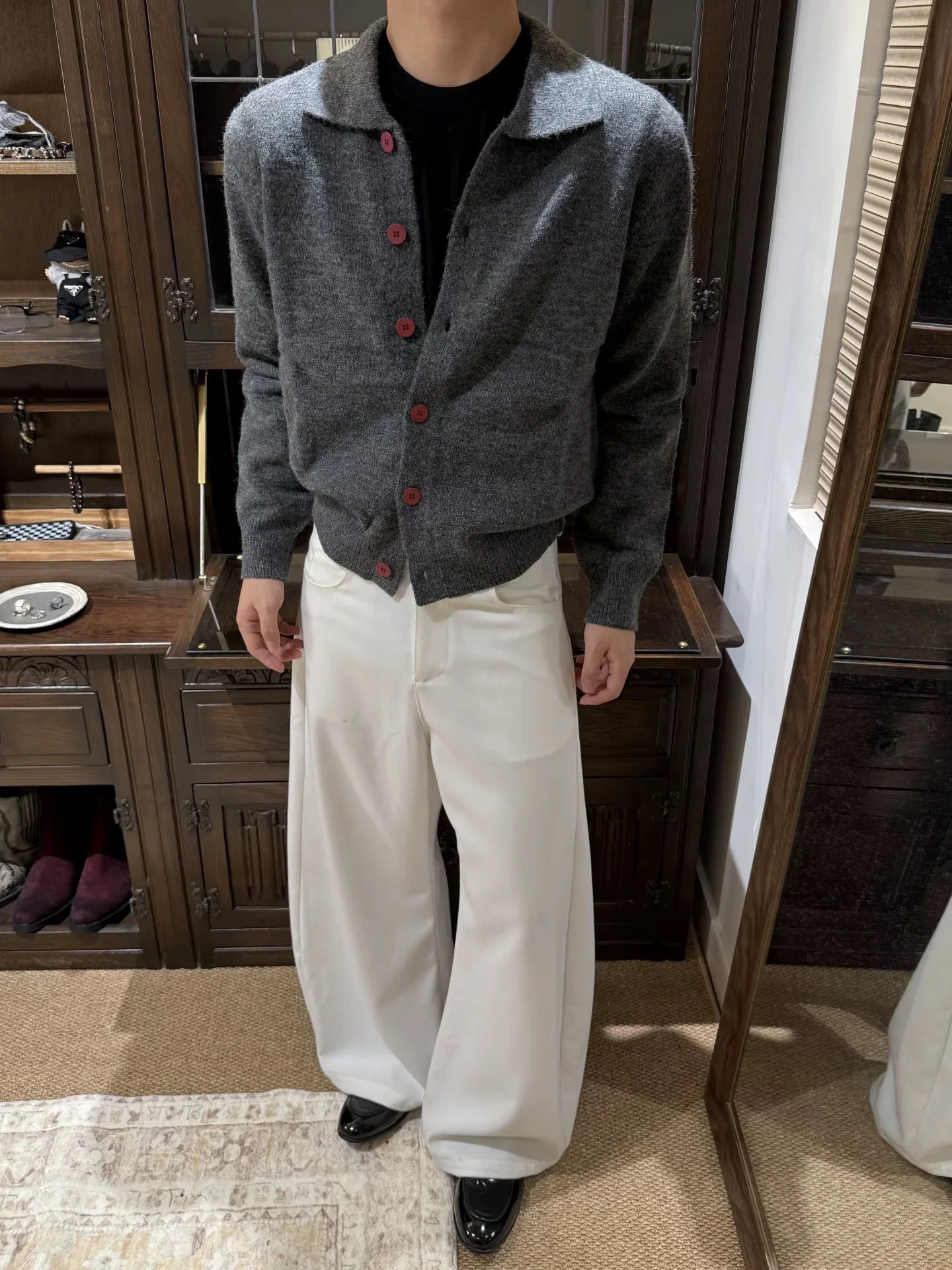 الرجعية الأحمر زر محبوك سترة مفتوحة الرجال الخريف الشتاء لينة مريحة عادية كسول طوق Jaet فضفاضة تناسب طويلة Sve