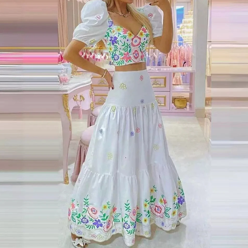 Floral Print Puff Sleeve Crop Top & Ruched Skirt Set Women Dress Sets Summer Party Matching Sets White Y2k Elegant Boho Skirts