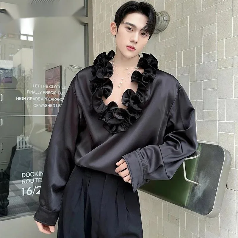 Niche New Design Long Sleeve Men's Shirt With ThreeDimensional Lace Casual Pullover Top Trendy Black White Blouse 9XKAR8
