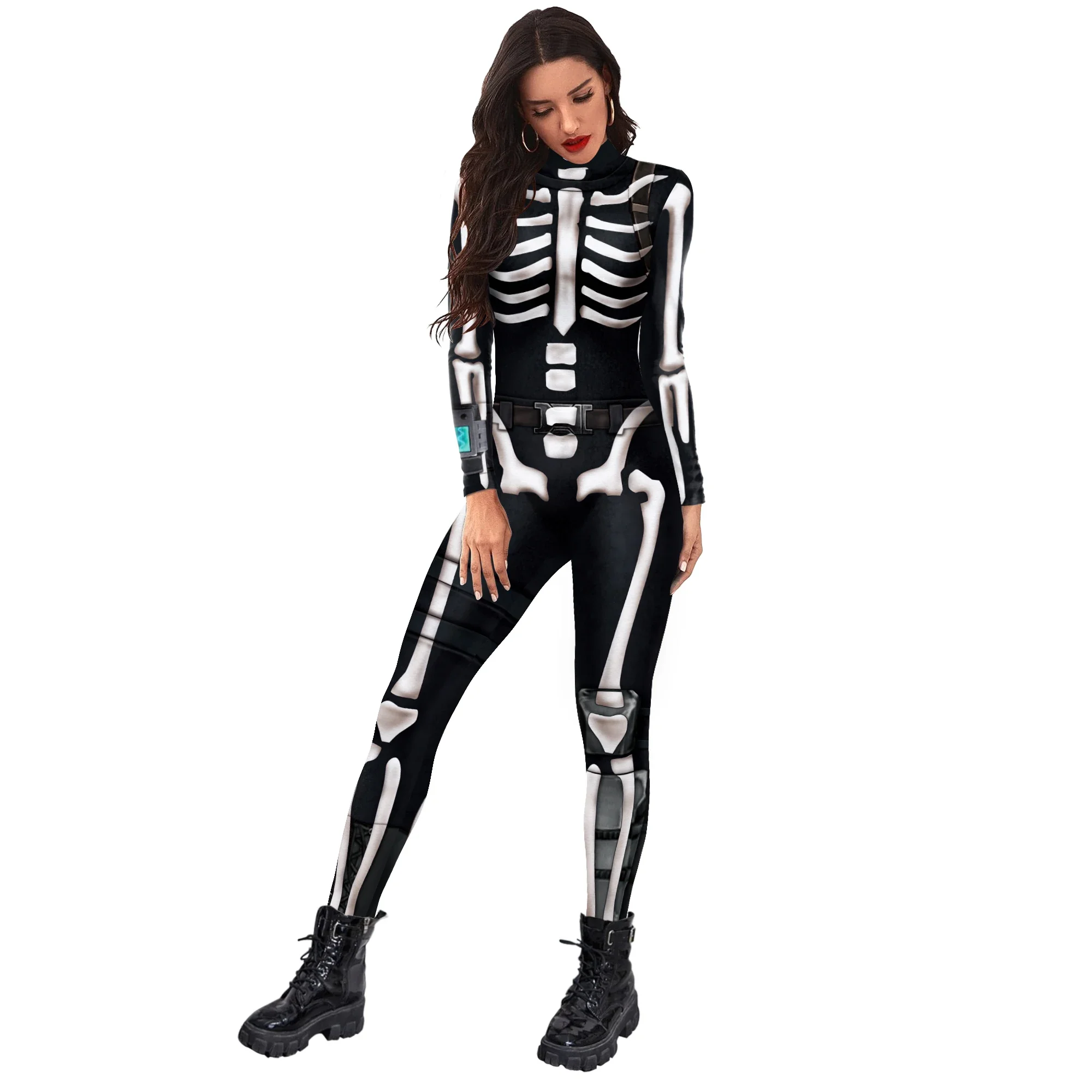 2024 New Halloween Women Jumpsuits Fluorescent Skull Printing Bodysuit Party Fashion Long Sleeve Slim Horror Cosplay Costume