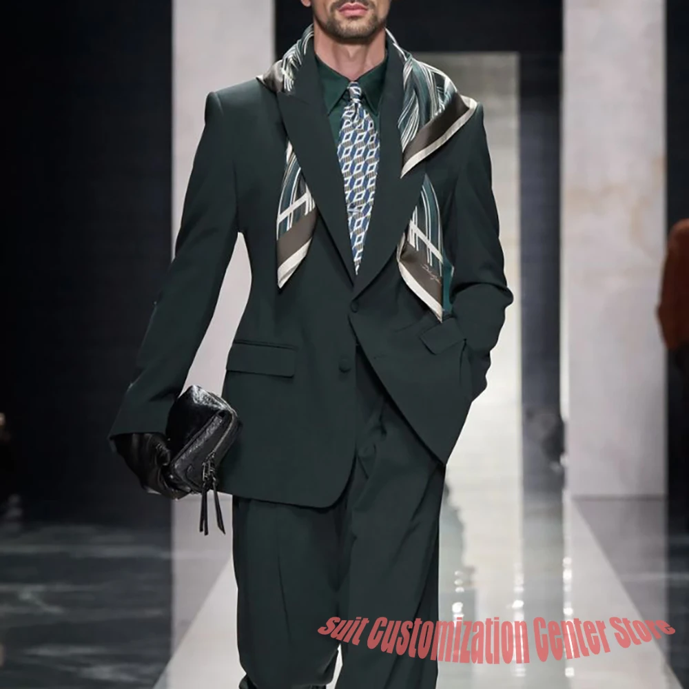 

Sharp Men's Dark Green Suits Peak Lapel Single-Breasted 2 Piece Set Luxury Streetwear Trendy Formal Carnival Clothing