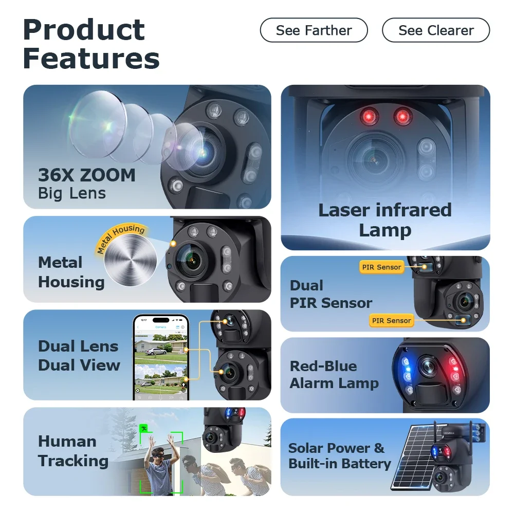 

SHIWOJIA 6K 12MP 4G Solar Camera 36X Zoom DualLens Recording Humanoid Tracking Outdoor WIFI Camera Metal Waterproof CCTV 12000mA