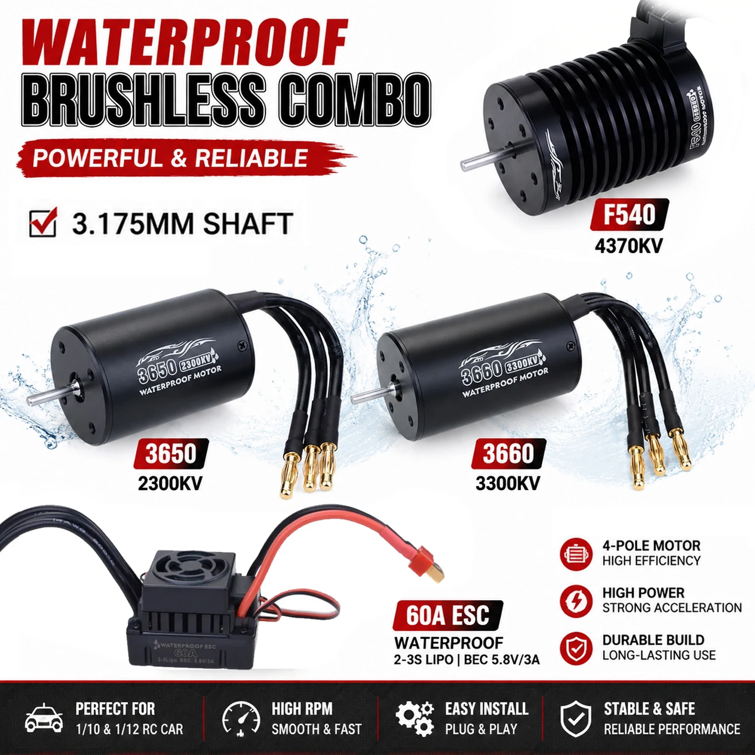 

WaterProof Brushless Combo F540 3650 3660 Brushless Motor 60A ESC 4-Pole for 1/10 1/12 RC Off-road Car Traxxas Axial Redcat HSP