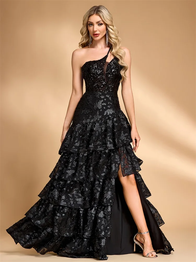 BLUEPLUM Abito da torta con scollo all'americana di lusso con spalle oblique Abiti da sera formali con spacco di paillettes di lusso Abiti da cocktail eleganti per feste a sirena