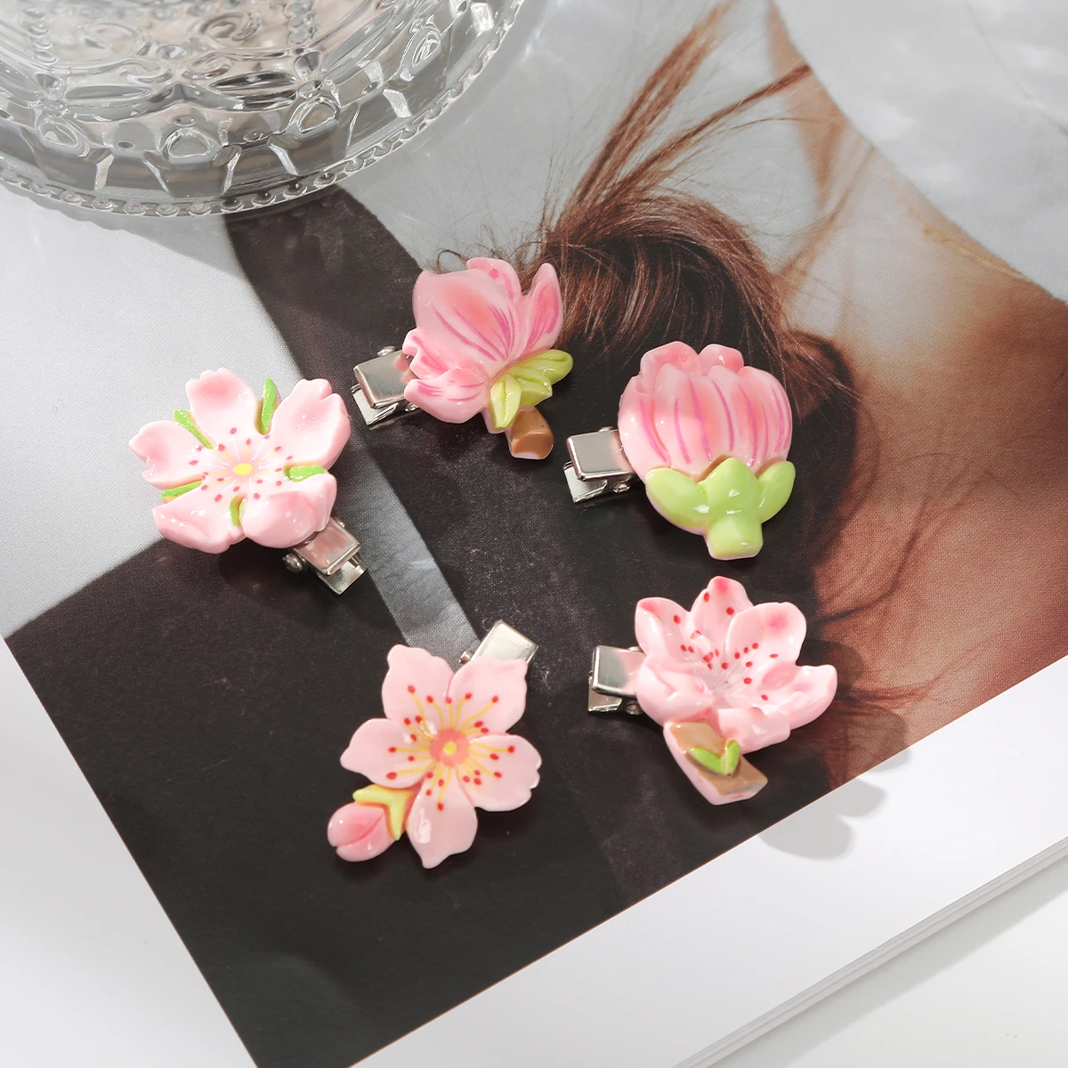 5 PCS Pink Flower Hair Clips Girls Sweet Hairpin Fruit Peach Heart Side Clip Hair Accessories Small Barrettes Hairpins