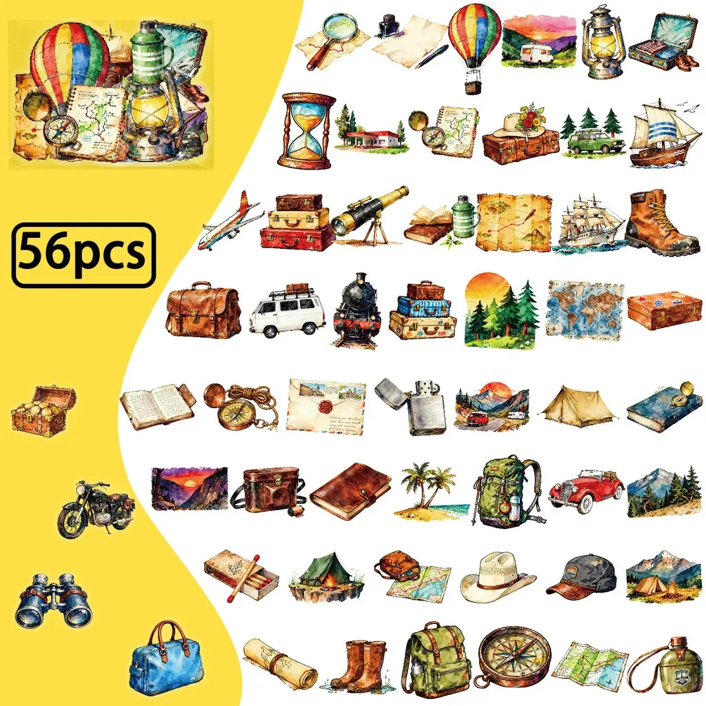 56Pcs Travel & Outdoor PET Stickers - Transparent Watercolor Style Decals for Adventure Gear & Scenery DIY AnimeWorlds Store