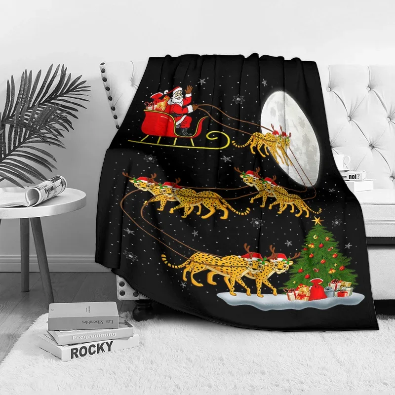 Cheetah Sleigh Christmas Fleece Blanket, Santa with 6 Leopards Under Moonlight, Fantasy Holiday Throw for Unique Decor