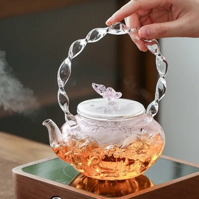 700ml Transparent Pink Iris Teapot Pyrex Cooking Teapot Household Tea Set Electric Clay Oven Beam Single Pot