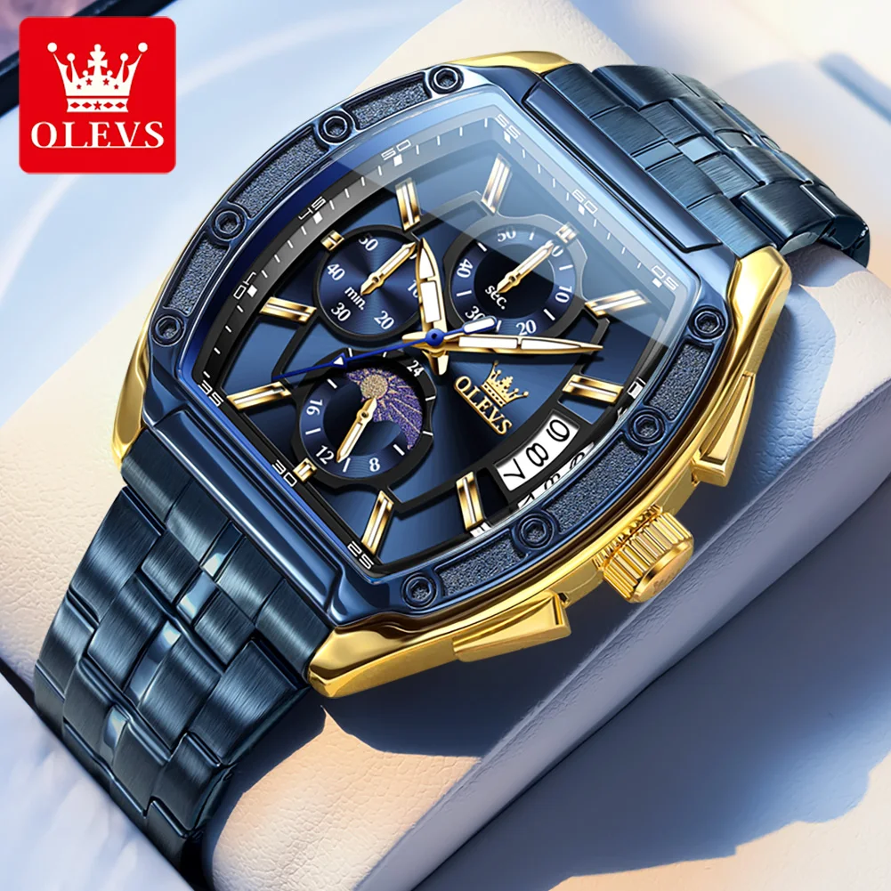 OLEVS 3661 Sport Chronograph Herren-Armbanduhr Wasserdicht Mondphase Leuchtend Tonneau Business Luxus Quarzuhr