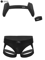 Men's 2 Piece Stretchy Body Chest Harness Garter Belt Boxer Briefs Jockstrap Underwear Athletic Supporter Suspender Bodysuit