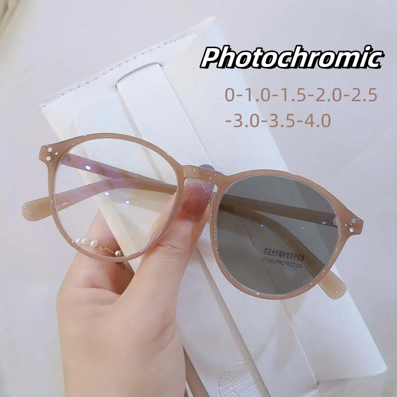 

Vintage Round Frame Intelligent Photochromic Eyewear Color Changing Near Sight Eyeglasses Trend Men Women Sunglasses To -4.0