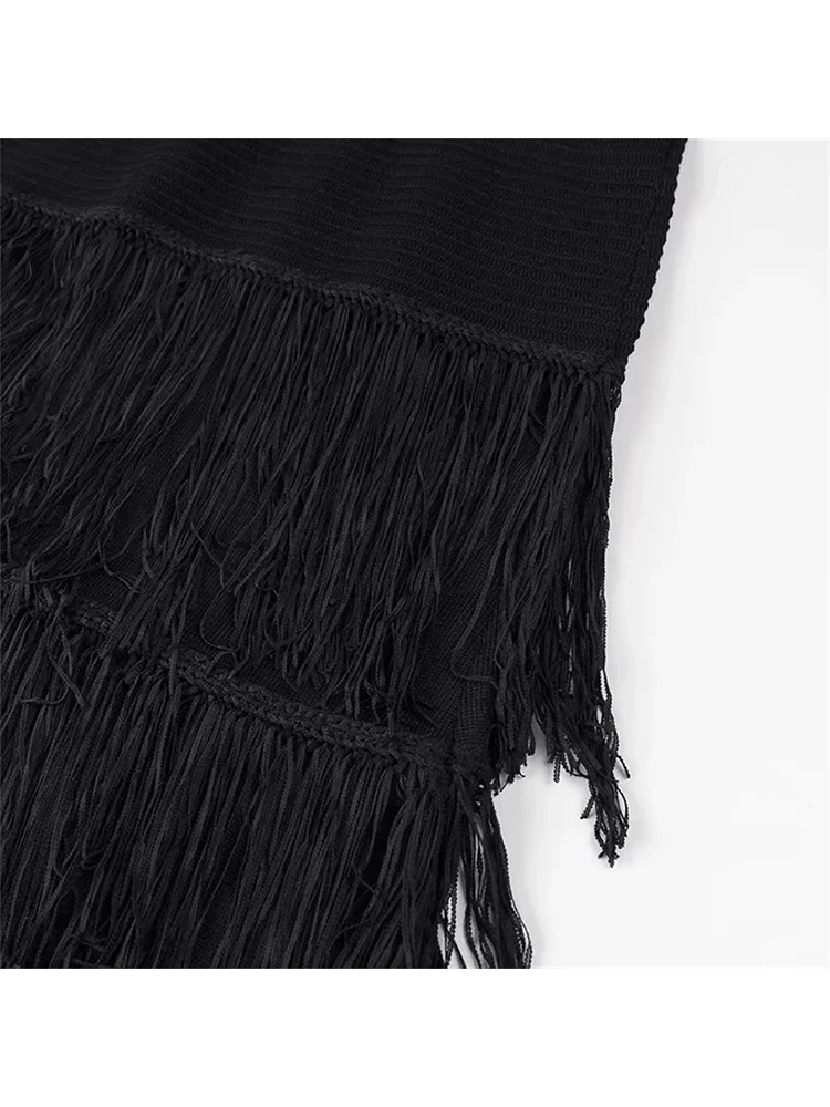 Women\'s Backless Zipper Fly Black Knitted Long Dresses, Summer Fashion, Elegant Under Tassel, Elastic Slim Sleeveless Dress