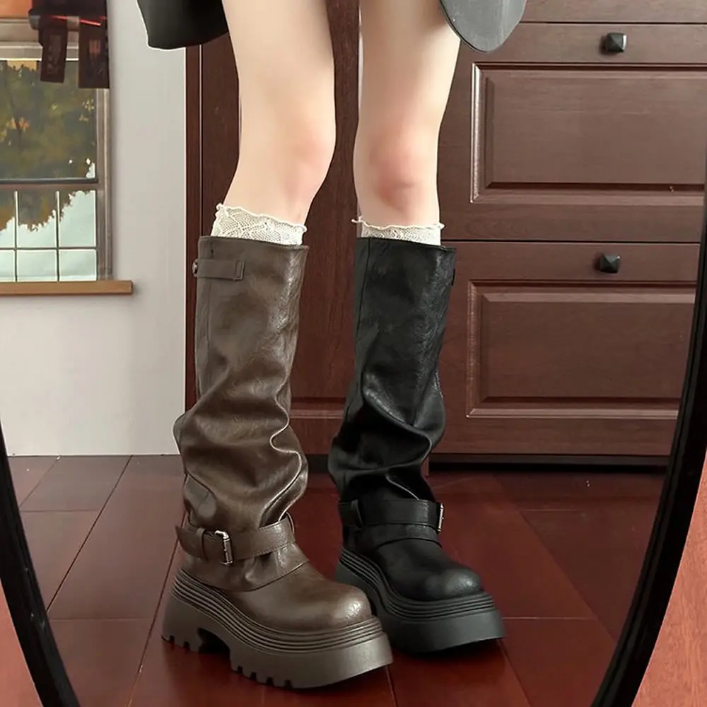 

Retro Briti Sle Women's Long Tube Boots Thi Bot Chunky Heel Knight Simple Match Heightening Faion Autumn Winter New