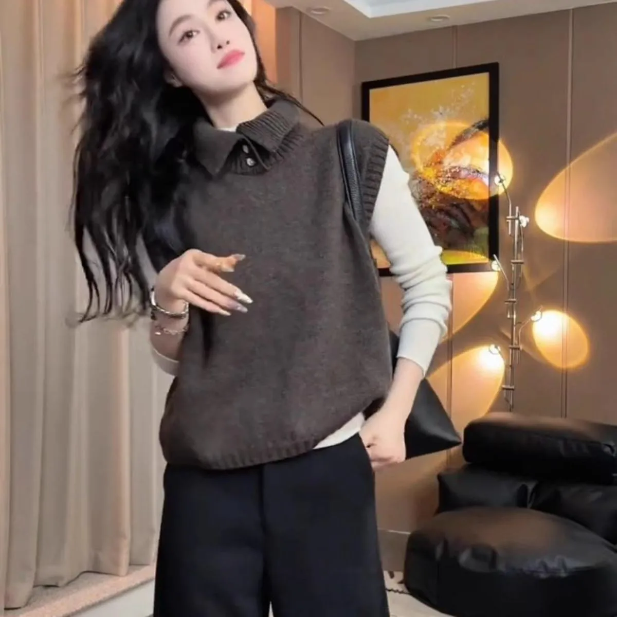 Gilet maglione lavorato a maglia alto Ne da donna Casual Sle Loose Fit Lungo Sve Abbigliamento interno Stratificazione Faion Autunno Inverno Tempo libero