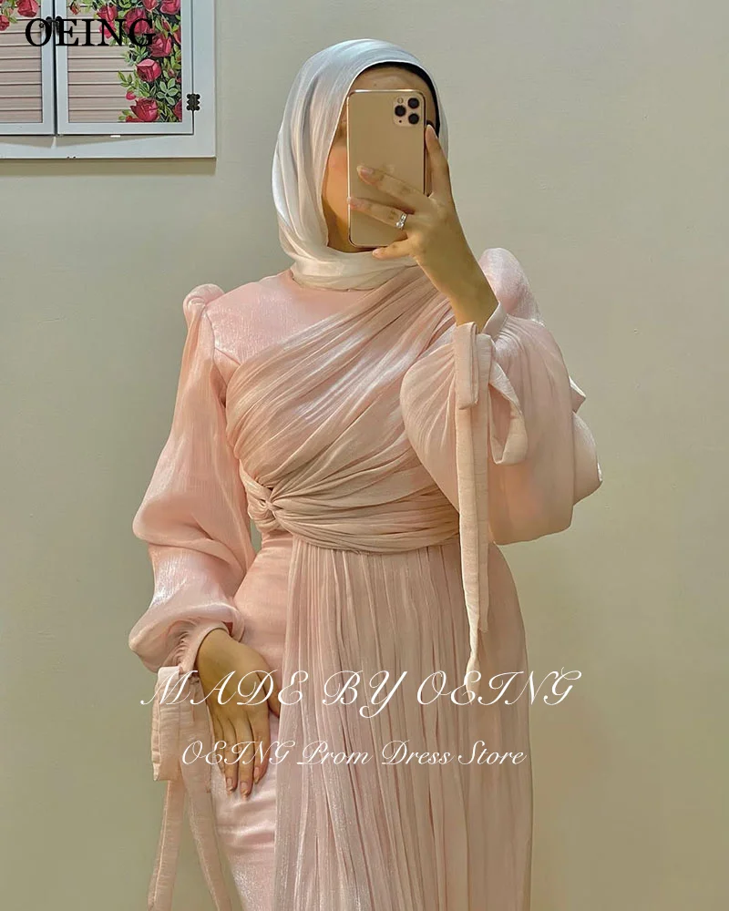 OEING Mermaid Pink Evening Dress Elegant Long Sleeves O-Neck Party Gowns Pleats Floor-Length Prom Dress Customized