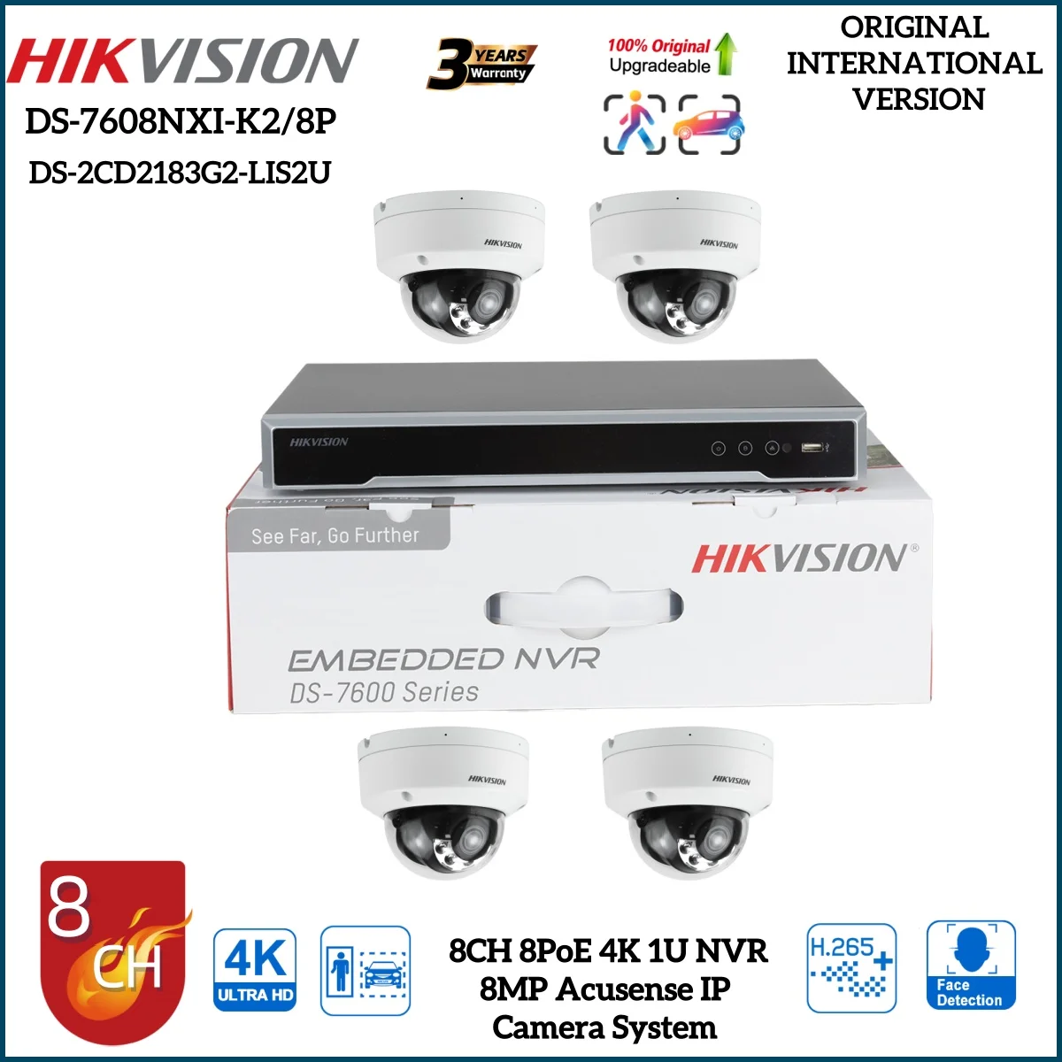 Hikvision 8MP 4K AI IR DS-2CD2183G2-LIS2U IP Camera 8CH 8POE NVR DS-7608NXI-K2/8P Human Vechile Motion Detection Mic Color