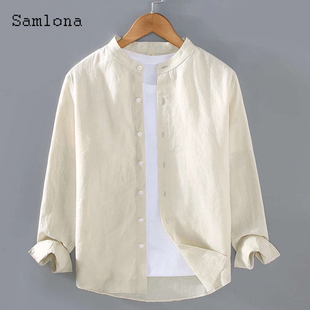 2023 Europe Casual Linen Shirts Mandarin Collar Shirt blusas Homme Ropa Sexy Tunic Blouse Plus Size Masculina Camisa Basic Tops