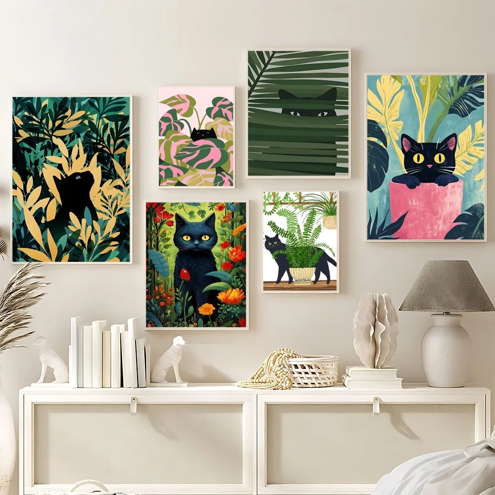 Abstract Green Plants Black Cat Colorful Poster HD Art Sticky Wall Waterproof Home Living Room Bedroom Bar Aesthetic Decoration