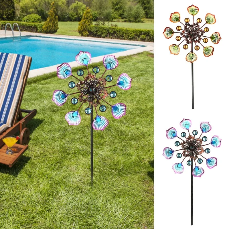 Colorful Peacock Windmill: A Metal Garden Ornamental Column and Kinetic Sculpture for Patios and Lawns