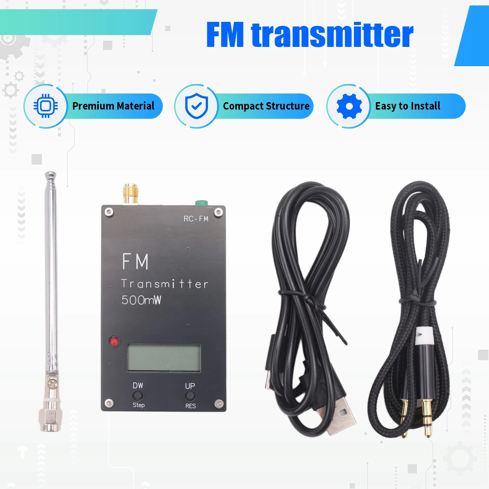 ABMF 0.5W FM Transmitter Stereo 88-108MHz LED Display 2000M Range for Campus Radio Broadcast for DSP USB-C