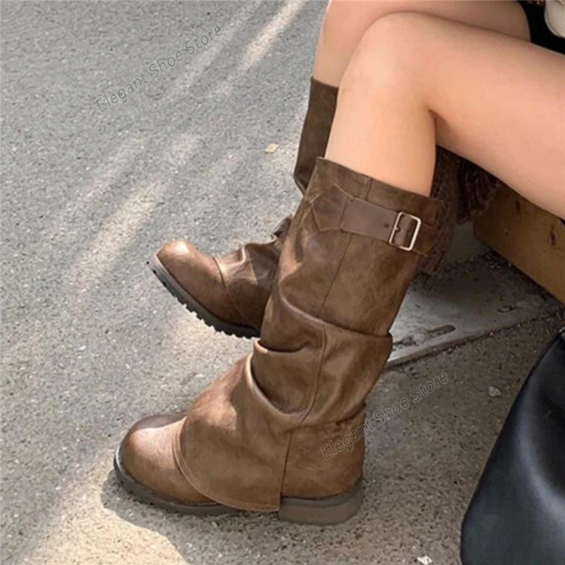 Retro Pleated Soft Leather Women Boots Pointed Toe Belt Buckle Knee-High Boots Black Brown Thick Heel High Quality Knight Boots