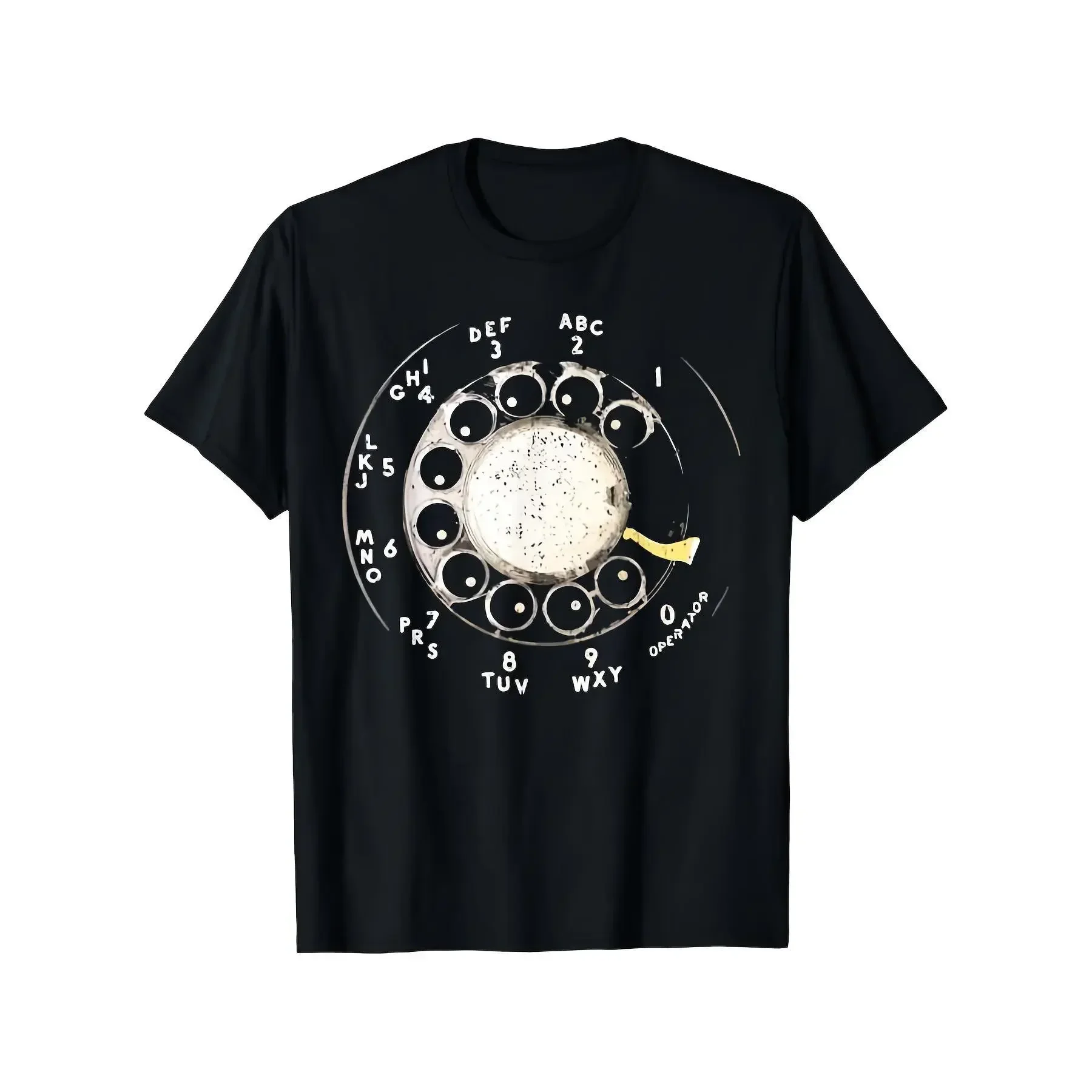 Retro Rotary Telephone Dial Graphic T-Shirt - Vintage 1960s/70s Inspired Design with White Rotary Dial & Numbered Buttons - 100% Cotton Comfort Fit Short Sleeve Round Neck Black Tee for Men & Women - Nostalgic Gift for Casual Outfits