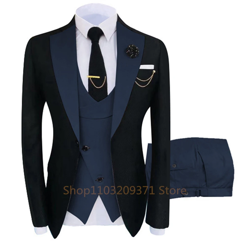 Men\'s Suit 2024 Peak Lapel Slim Fit Casual Tuxedos Groom Tailor Made 3 Pieces (Blazer+Pants+Vest) Full Set Elegant Suit for Men